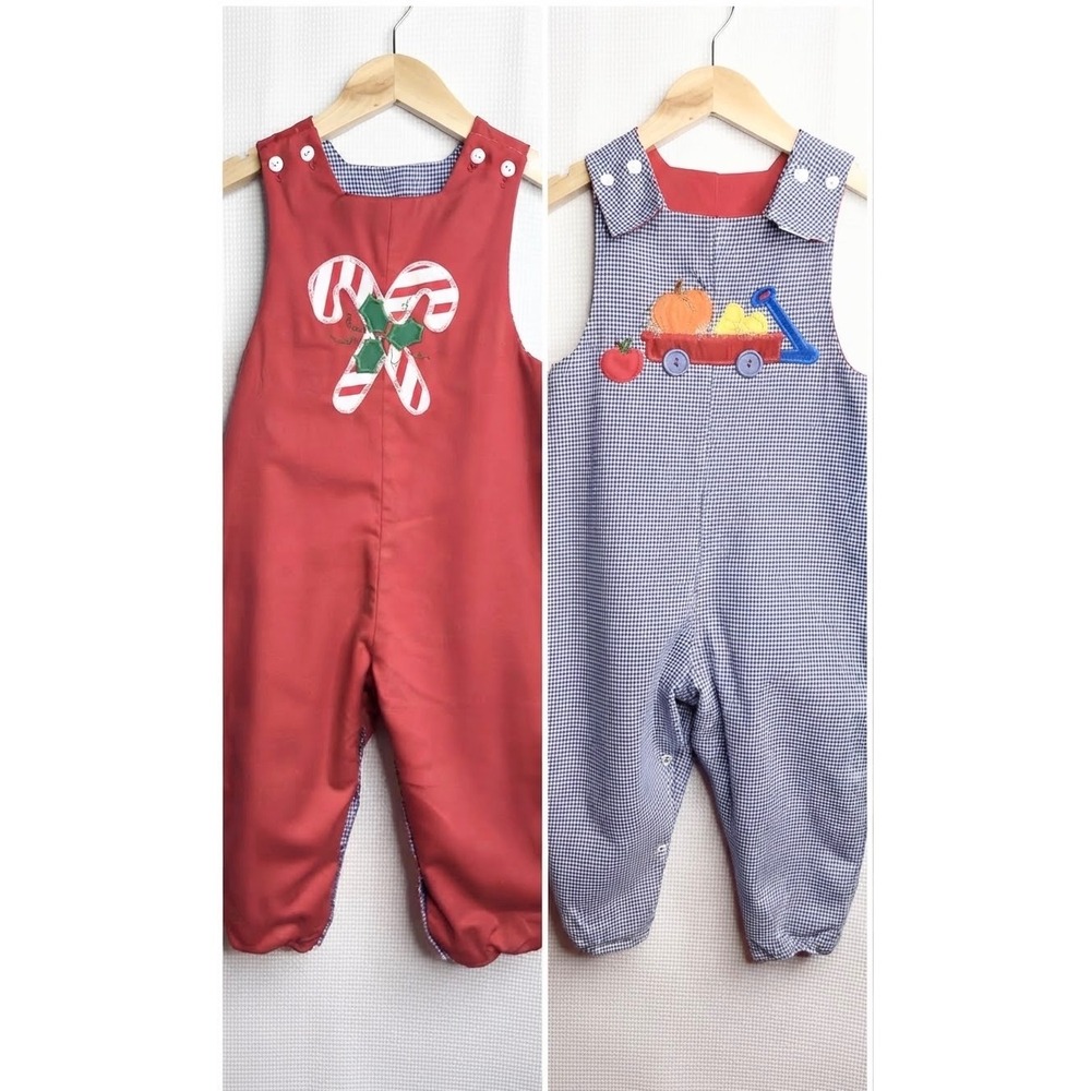 Vintage The Bailey Boys Reversible Romper Christmas Fall Themes Gingham 24M 2T
